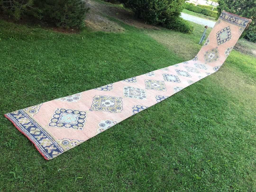 Turkish Stair Runner, Extra Long Runner, Pink Vintage Runner, 22 Foot Runner Rug, Oushak Rug