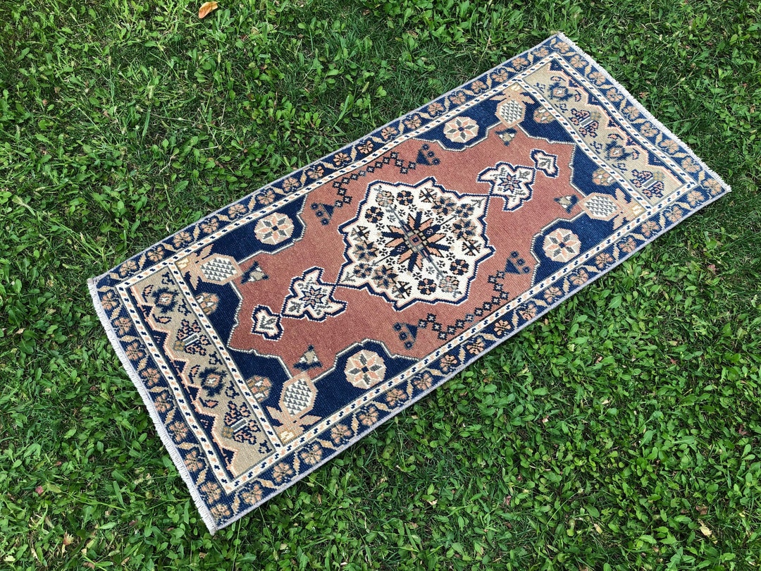 Oushak Rug 2x4, Vintage Door Mat, Turkish Kitchen Rug, Dark Blue Rug