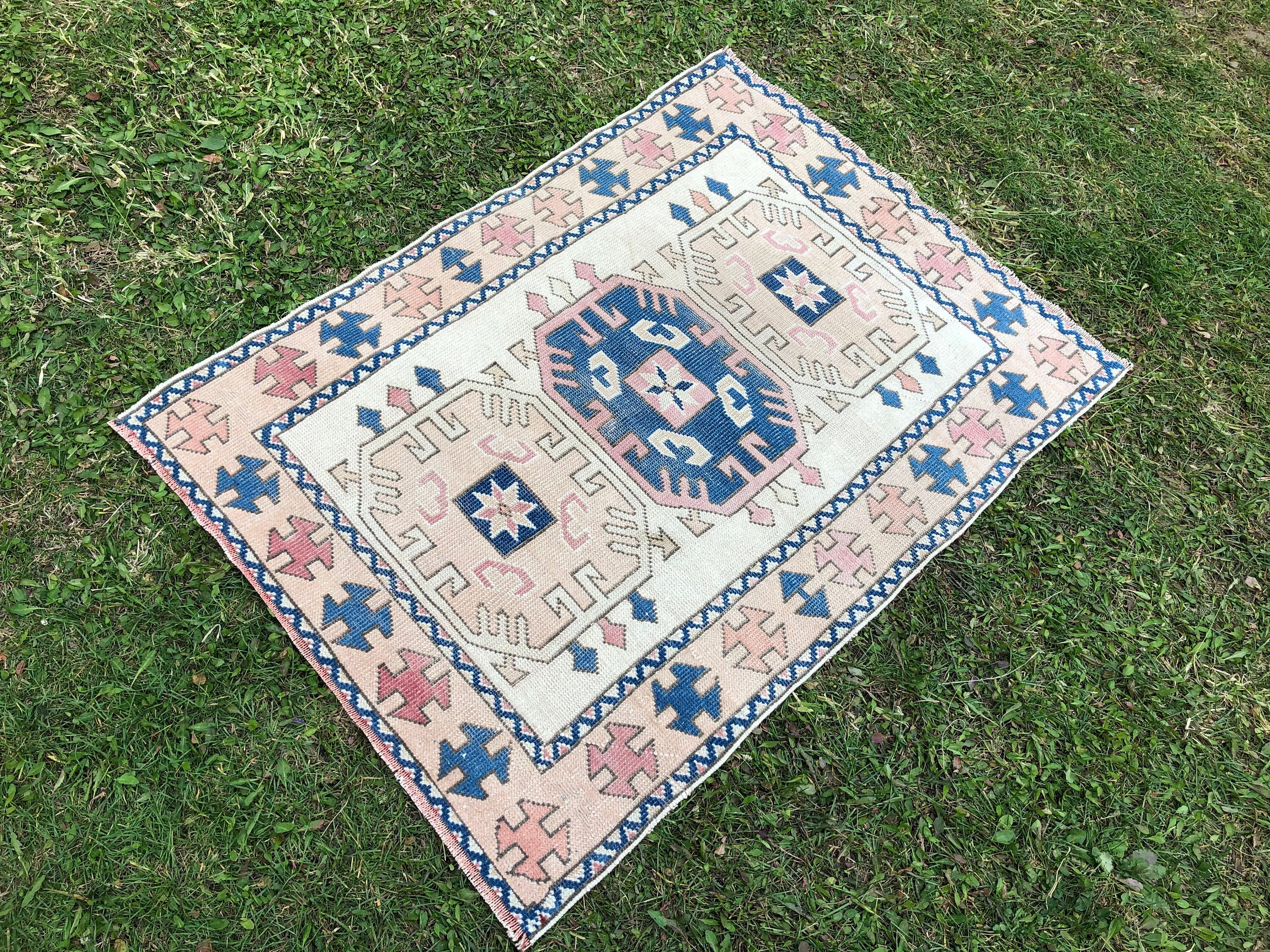 Small Area Rug Cream Blue Rug 3x4 Turkish Rug Vintage Etsy