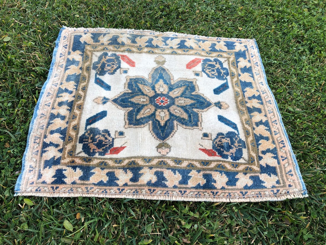Small Square Rug 2x2 Blue Beige Rug Turkish Bath Mat Mini Etsy