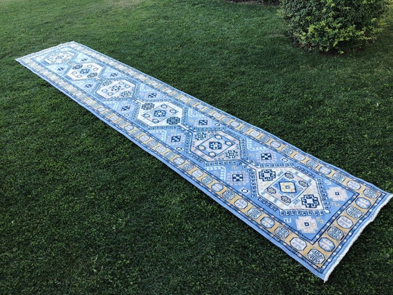 Tappeto runner extra lungo moderno, runner turco blu, nuovo tappeto Oushak,  runner per scale vintage, runner da 17 piedi, runner da corridoio in lana  3'2 x 16'6 -  Italia