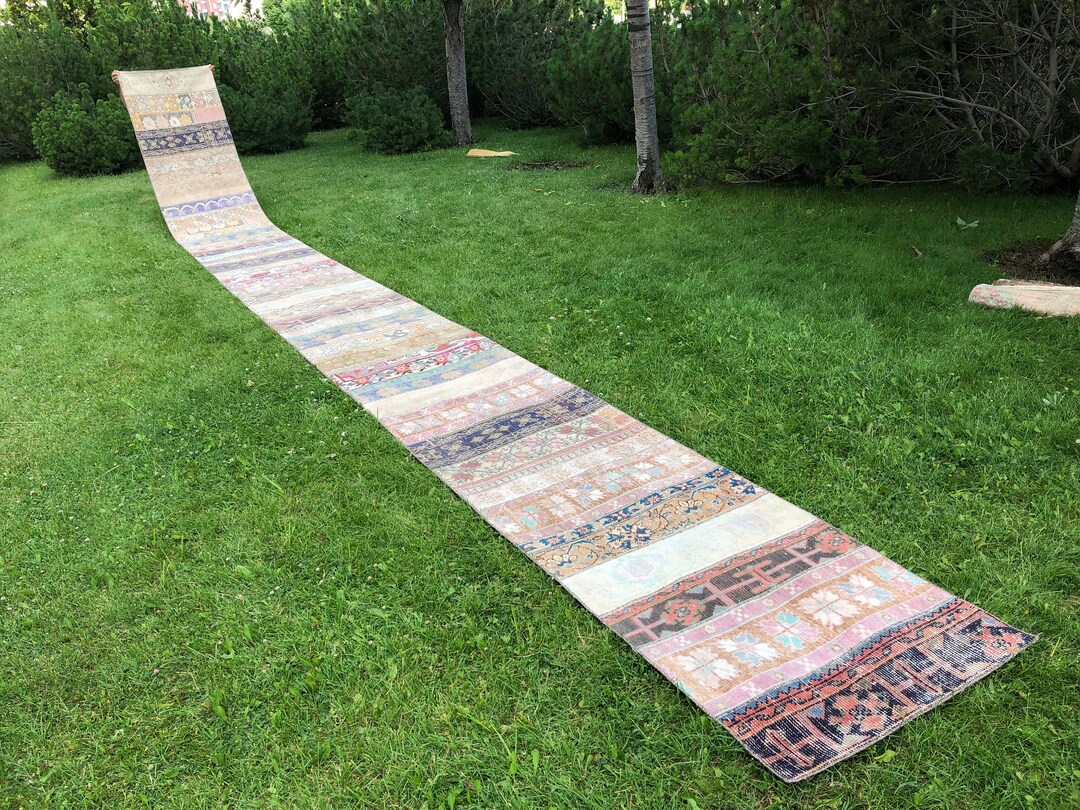 Extra Long Runner Rug Stair, Patchwork Runner Rug, Vintage Oushak Rug