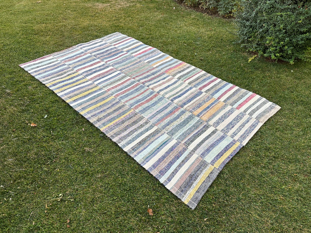 Large Rag Rug, Flatweave Kilim Rug, Cotton Swedish Rug, Stripe ...