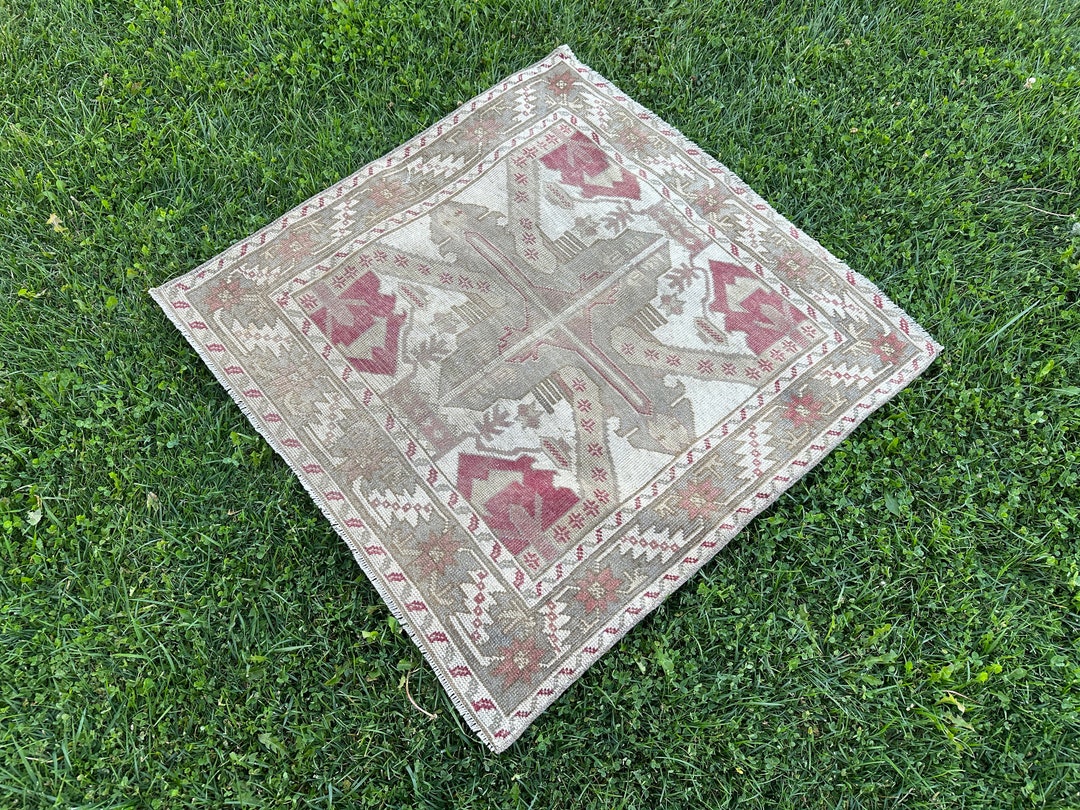 Turkish Doormat Rug, Small Square Rug, 3x3 Vintage Rug Neutral, Red ...