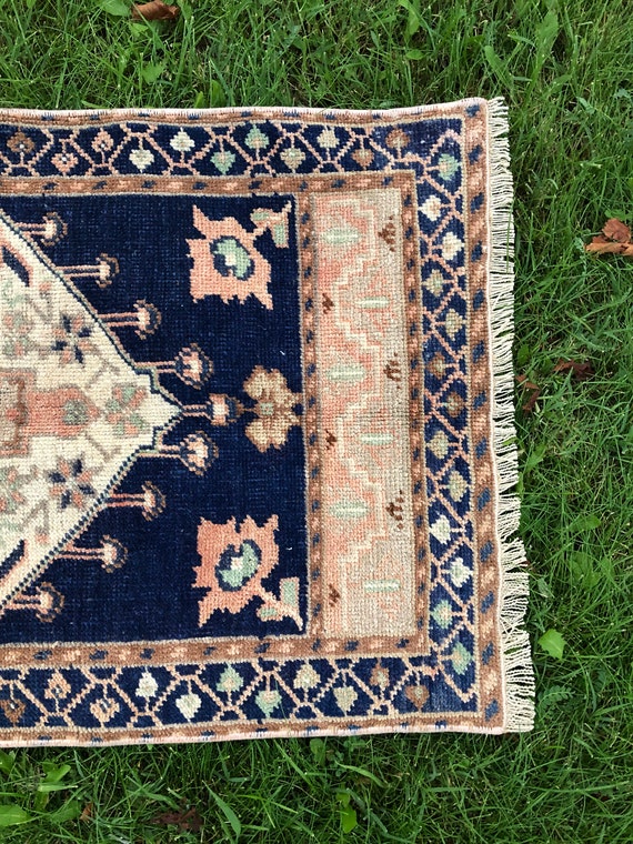 Tappeto vintage 2x3, tappeto Oushak blu, tappetino da bagno turco, tappeto  piccolo corridore, tappeto Mini Boho, tappeto d'ingresso all'aperto, tappeto  da patio, zerbino vintage 1'8x3'5 -  Italia