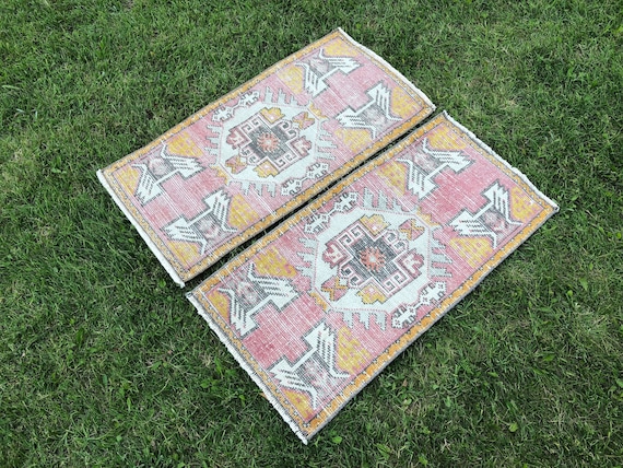 Pair of Turkish Rugs, Set of Rugs, Twin Rug, Matching Rugs, Bathroom Rug  and Mat Set, Mini Oushak Rug, Small Kitchen Runner, 2x3 Vintage Rug 