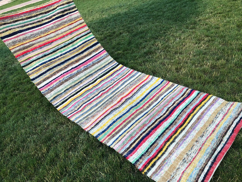 Woven Rag Rug Loom Rainbow Stripe Turkish Kilim Runner 4x10 Etsy