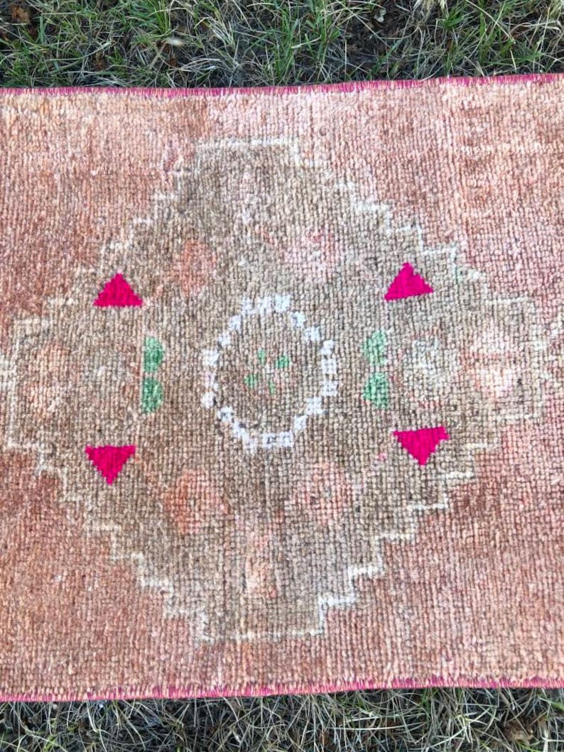 Bath Runner Small Oushak Runner Pink Brown Turkish Kitchen Rug Vintage Door Mat Rug Kitchen Rug Boho Entry Rug 1/'3 x 3/'6 Bedroom Rug