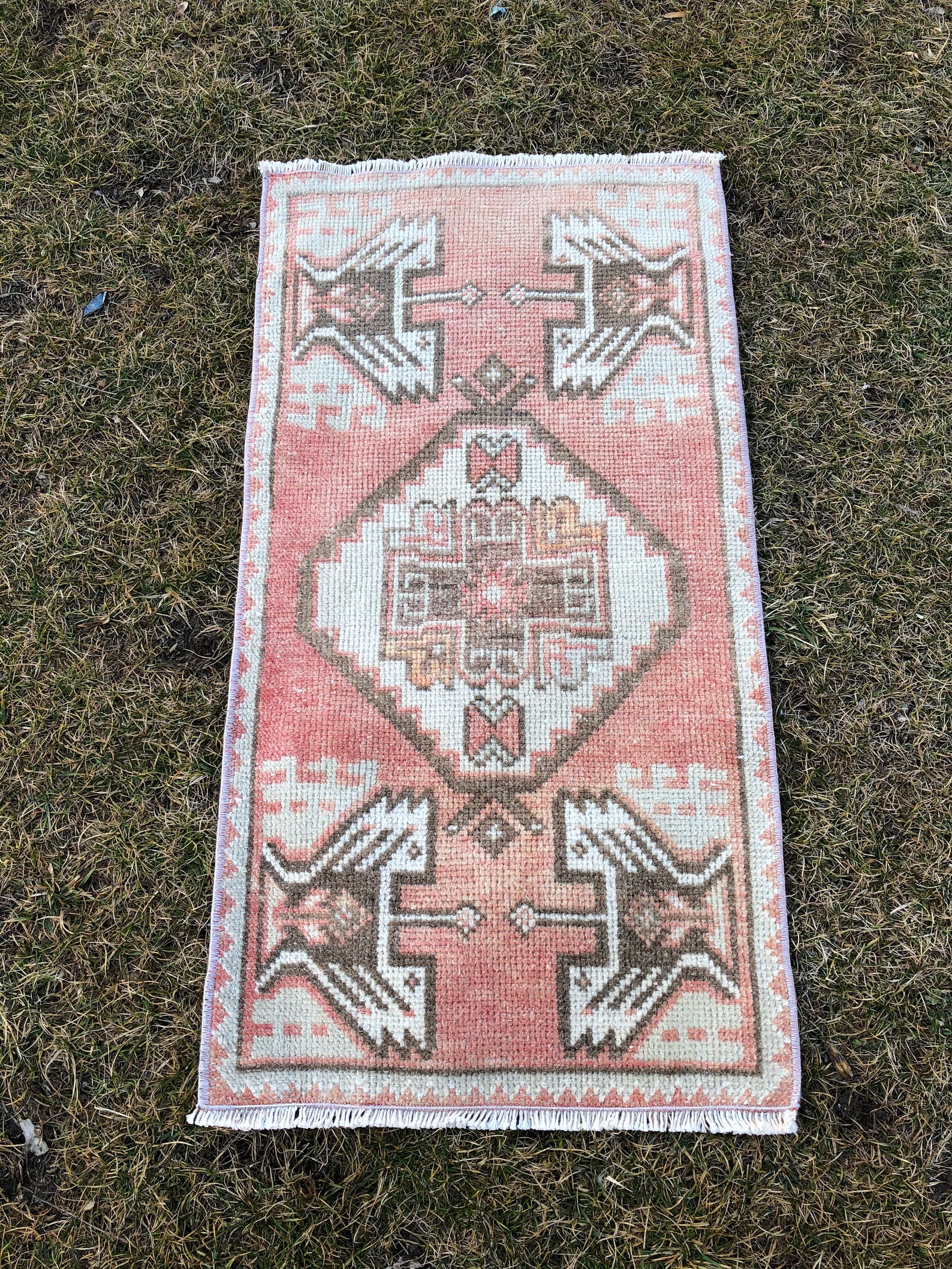 Turkish Rug Bath Mat Red Cream Oushak Art Rug for Kitchen | Etsy