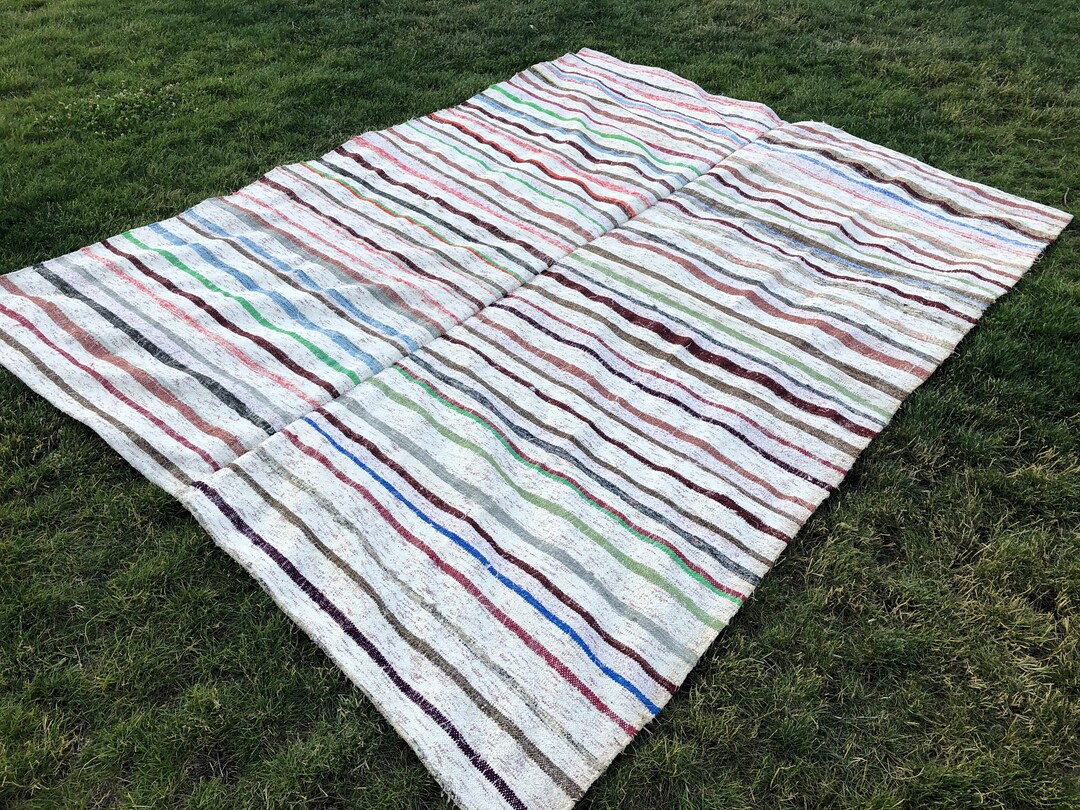 Large Colorful Rug, Vintage Rag Rug Strips, Bohemian Area Rug for