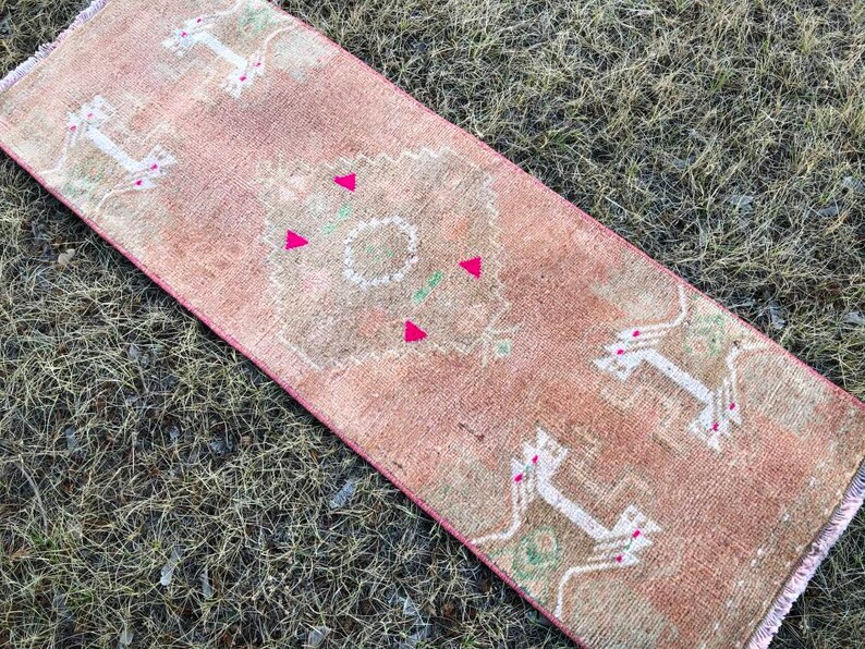Bath Runner Small Oushak Runner Pink Brown Turkish Kitchen Rug Vintage Door Mat Rug Kitchen Rug Boho Entry Rug 1/'3 x 3/'6 Bedroom Rug