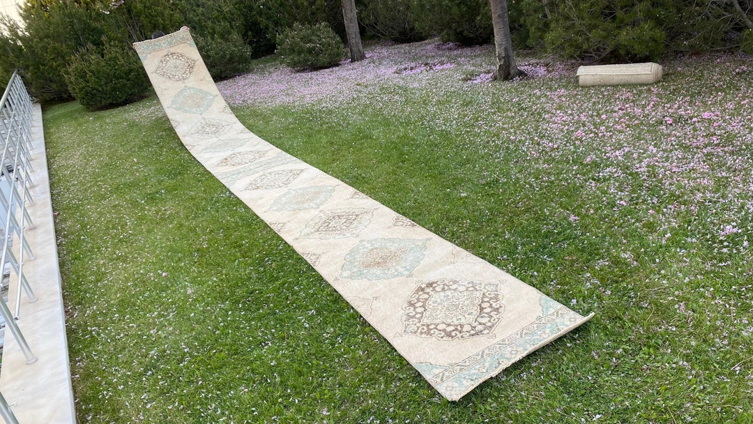 25 Ft Stair Runner, Extra Long Rug Runner Vintage, Neutral Runner Rug Turkish, Narrow Oushak