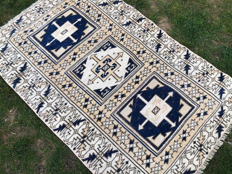 Navy Turkish Rug 3x4 Wool Rug Vintage Kitchen Rug Oushak Etsy