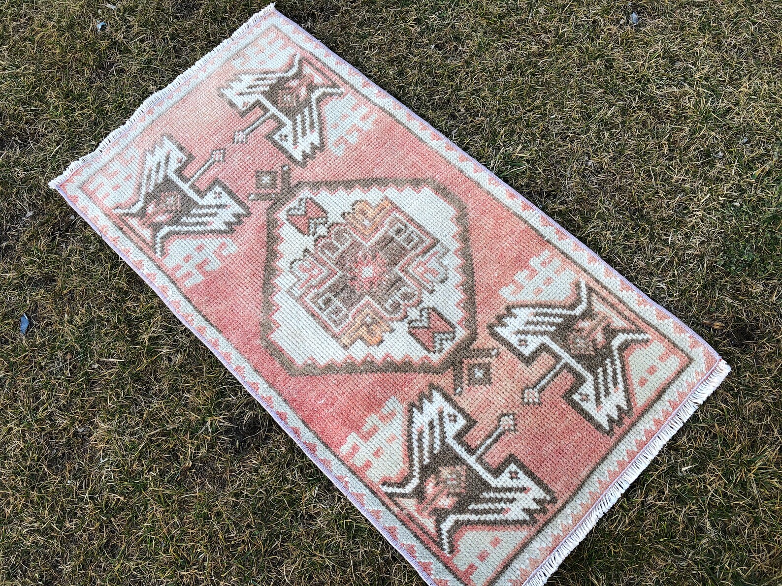 Turkish Rug Bath Mat Red Cream Oushak Art Rug for Kitchen | Etsy