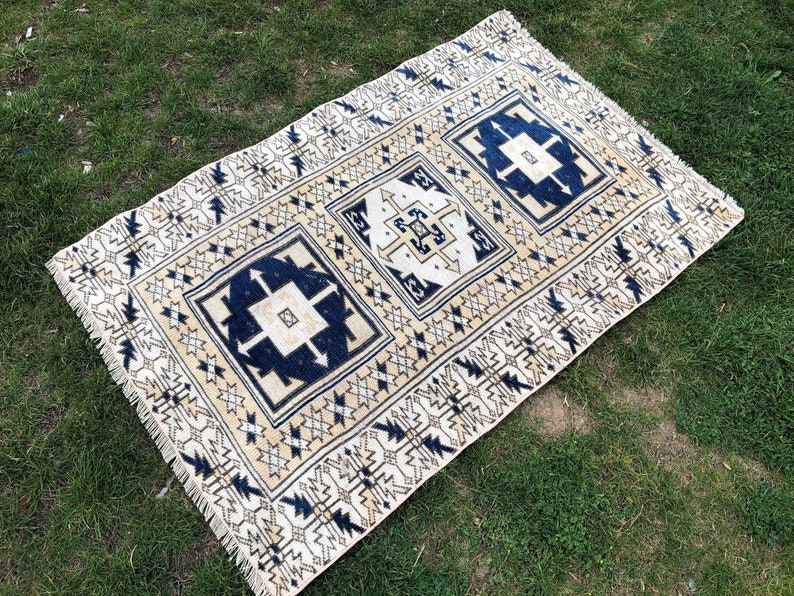 Navy Turkish Rug 3x4 Wool Rug Vintage Kitchen Rug Oushak Etsy