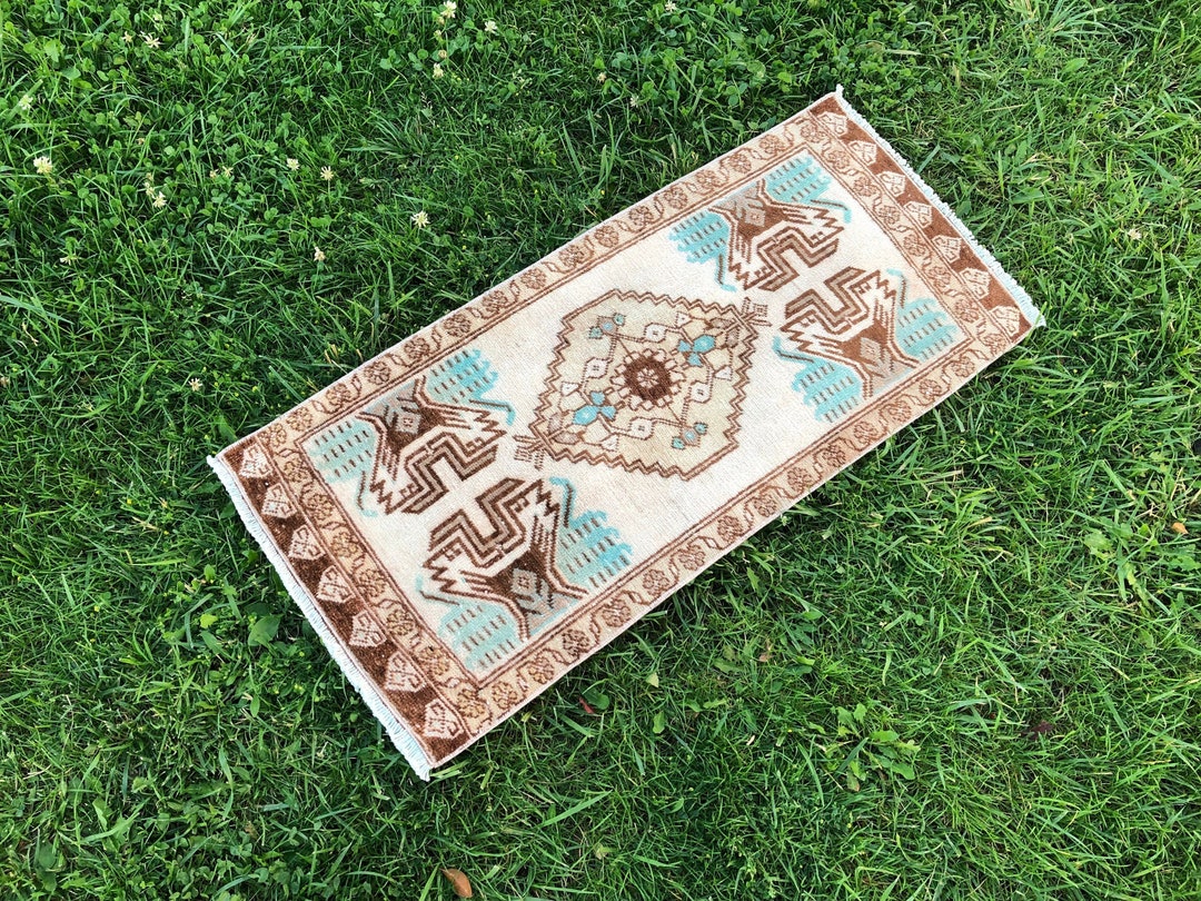 Neutral Turkish Rug, Small Vintage Rug, Oushak Mini Rug, Bathroom ...