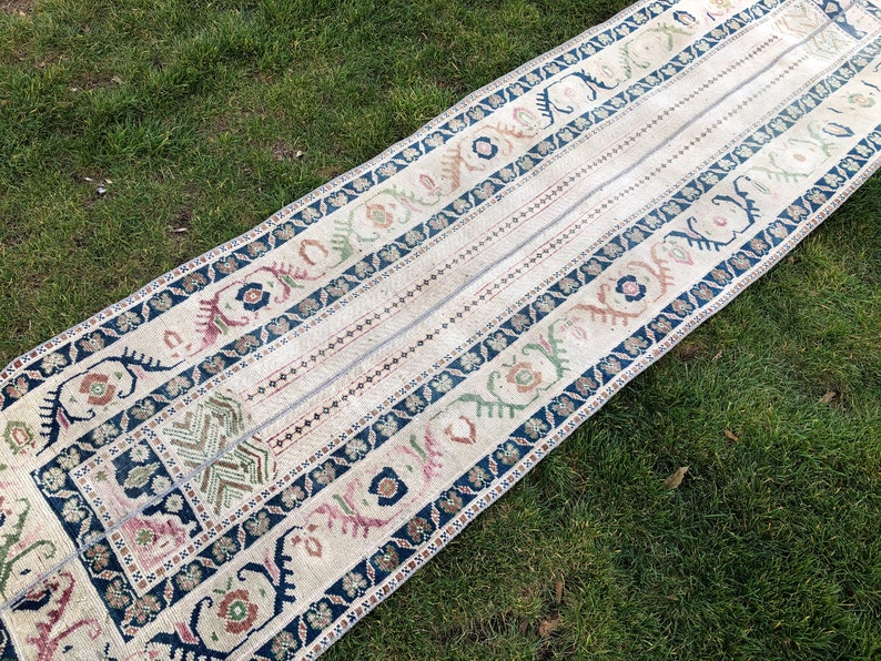 Patchwork Runner Rug Turkish Runner 2x9 Beige Blue Oushak Etsy