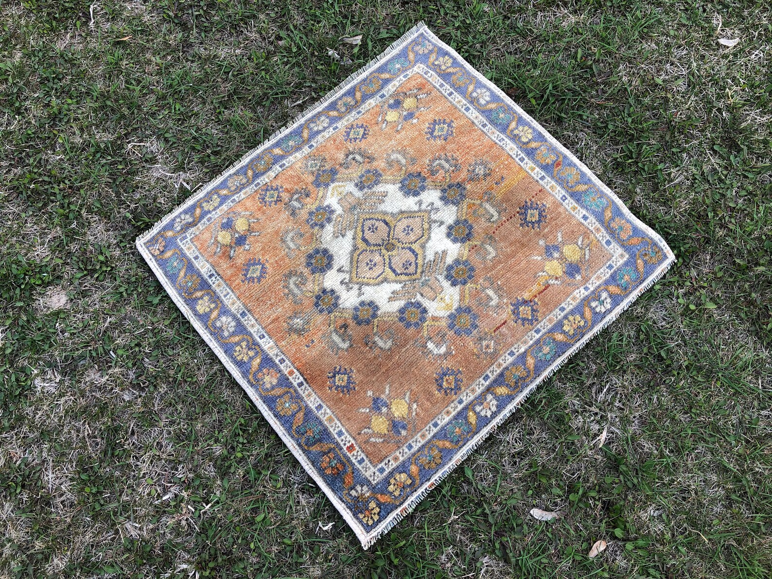 Small Square Rug 2x2 Orange Blue Rug Turkish Bath Mat Mini Etsy