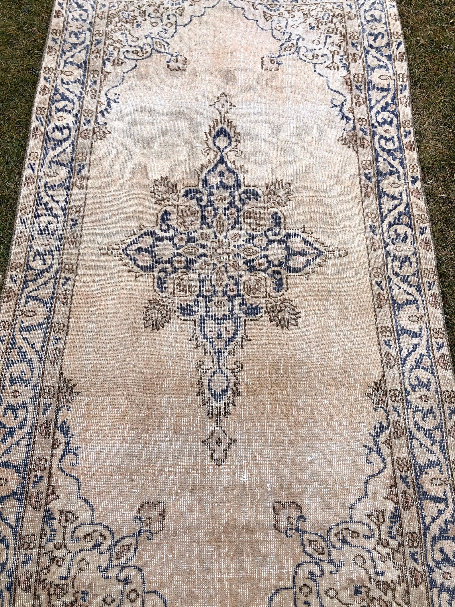 Star Medallions Oushak Rug Beige Blue Vintage Kitchen Runner Etsy