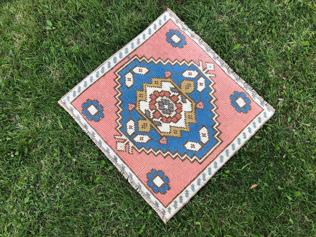 Square Bath Rug, Turkish Small Rug, Mini Vintage Rug, Oushak Doormat