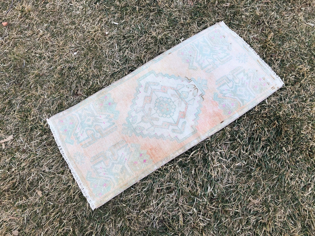 Turkish Bath Rug, Small Vintage Runner, Oushak Doormat Rug, Orange