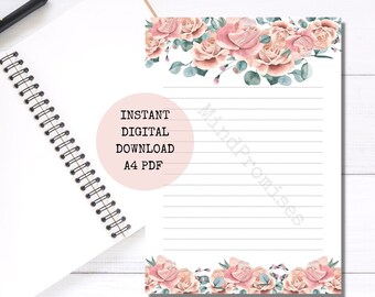 Carta da lettere stampabile con motivo floreale rosa, formato A4 (download digitale)