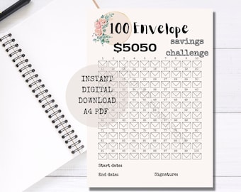 Tracker di sfide per il risparmio di denaro con 100 buste stampabili, download digitali istantanei in formato PDF