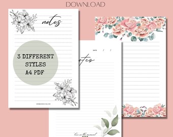 Set di cancelleria a righe floreali, carta per appunti stampabile A4 (PDF)