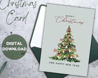 Biglietto d'auguri vintage con albero di Natale, biglietto di auguri stampabile (download digitale)