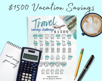 Sfida risparmio viaggi Sfida risparmio vacanze stampabile Buste per riempire contanti Fondo viaggi Sfida risparmio da colorare