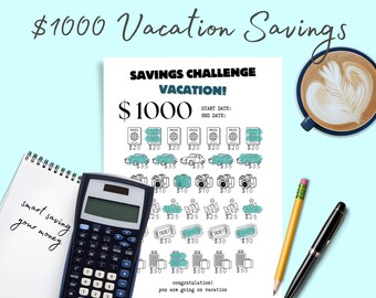 Sfida risparmio viaggi Stampabile Sfida risparmio vacanze Buste per riempire contanti Fondo viaggio da colorare Sfida risparmio 1k