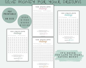 Sfida di risparmio di 100 buste stampabile, strumento di monitoraggio del budget (PDF)