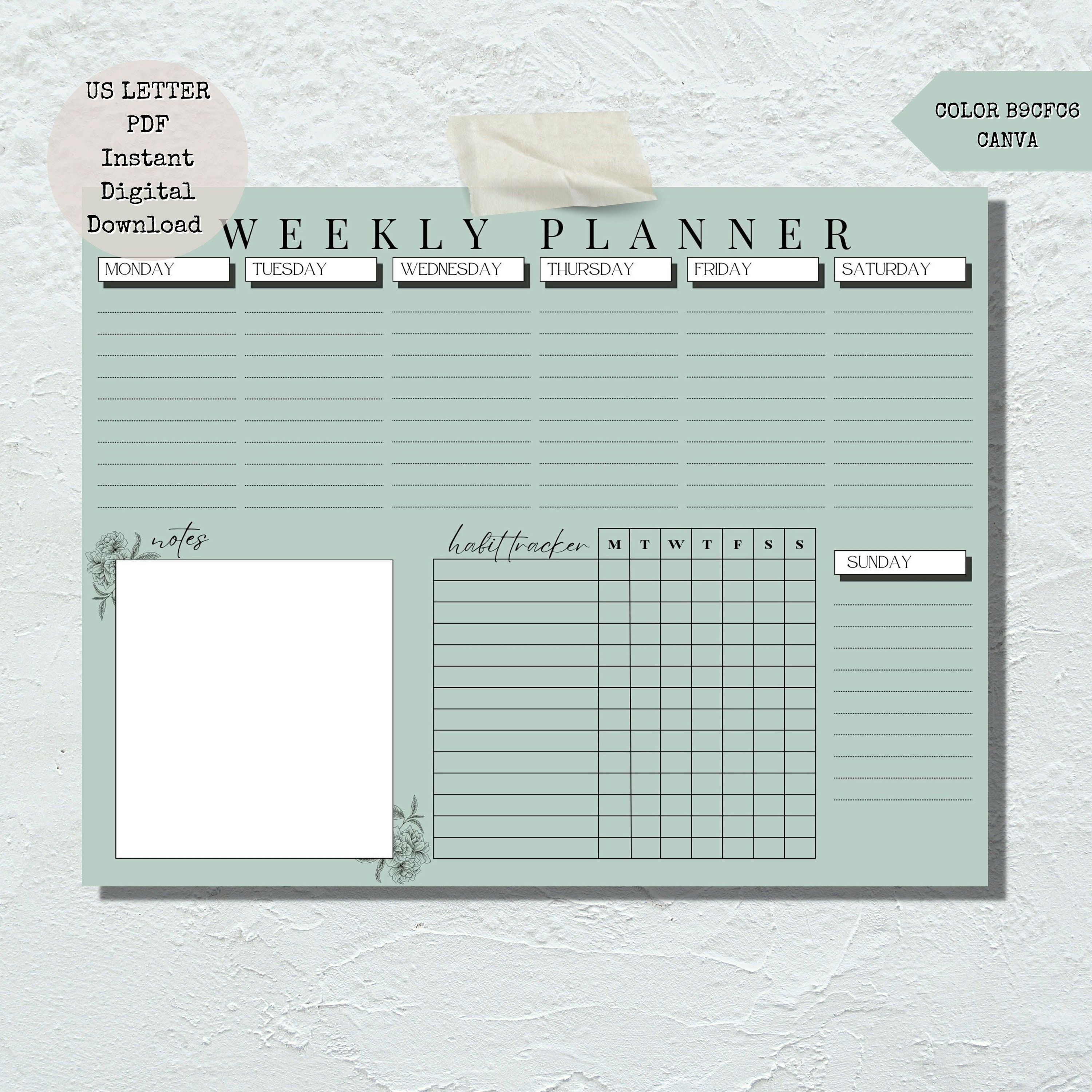 Weekly Planner Printable Digital Undated US Letter PDF - Etsy