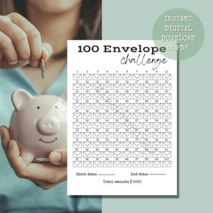 Printable 100 Envelope Savings Challenge Tracker, Save 5050 dollar