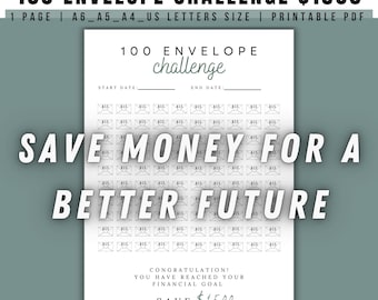 Sfida di risparmio da 1k stampabile, tracker da 100 buste (A6 A5 A4 US Letter) (download digitale)