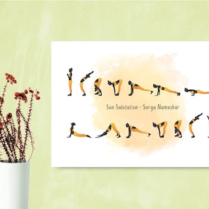 May include: A printable poster with a watercolor background showing the 12 poses of the Sun Salutation yoga sequence. The text "Sun Salutation - Surya Namaskar" is printed below the poses.