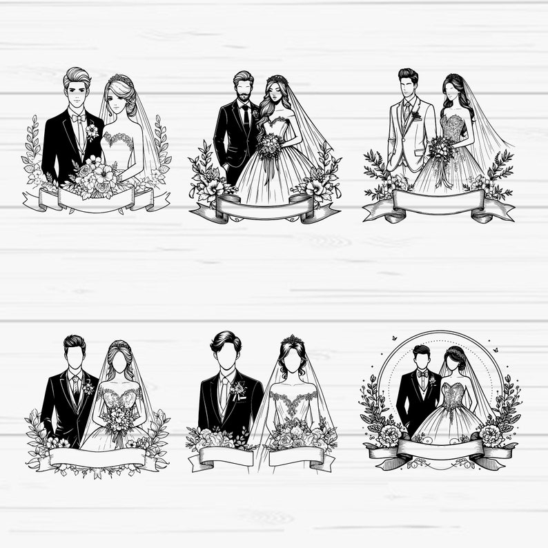 May include: Five black and white illustrations of wedding couples. Each illustration features a bride and groom in formal attire, with the bride wearing a wedding dress and veil. The illustrations are set against a white woodgrain background.