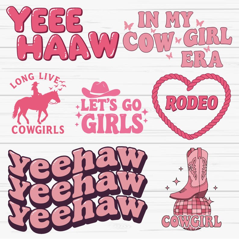 May include: Pink and white graphic design elements with cowgirl and rodeo themes.  The text includes "Yeehaw", "Cowgirl", "Rodeo", "Let's Go Girls", "Long Live Cowgirls", and "In My Cowgirl Era".
