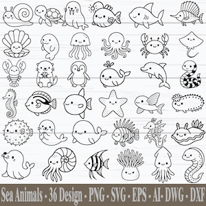 May include: A collection of black and white line drawings of marine animals, such as a snail, turtle, walrus, fish, shark, and others. The image also features the text "Sea Animals - 36 Design - PNG - SVG - EPS - AI - DWG - DXF".