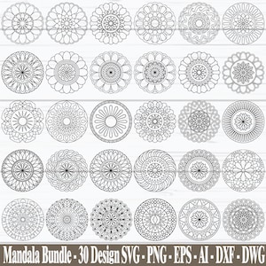 May include: A collection of 30 black and white mandala designs in a circular format. Each design features intricate patterns and details. The text "Mandala Bundle - 30 Design SVG - PNG - EPS - AI - DXF - DWG" is at the bottom.