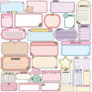 May include: A collection of colorful, illustrated planner stickers in various shapes and sizes. Includes rectangular, cloud, star, and apple-shaped stickers with text like "Notes," "Reminder," and "Checklist." The stickers are in pastel colors with floral and bear accents.