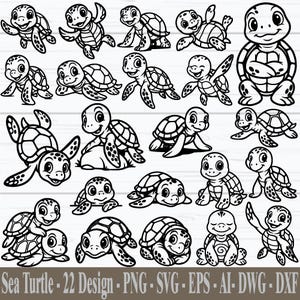 May include: A collection of 22 black and white sea turtle designs in various poses. The image includes the text "Sea Turtle - 22 Design - PNG - SVG - EPS - AI - DWG - DXF". These designs are suitable for digital art and crafting projects.