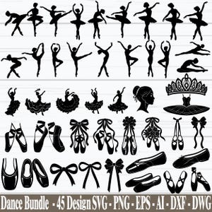 Könnte beinhalten: Eine Sammlung schwarzer Silhouetten mit verschiedenen Balletttänzern in unterschiedlichen Posen, einem Diadem, einem Tutu, Ballettschuhen und dekorativen Schleifen. Der Text unten lautet: Dance Bundle - 45 Design SVG - PNG - EPS - AI - DXF - DWG.