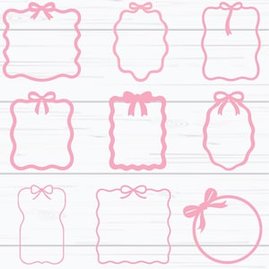 May include: Nine pink frames with bow details. The frames are in various shapes, such as rectangular, oval, and circular. The edges have a wavy or scalloped design, and each frame is topped with a bow.