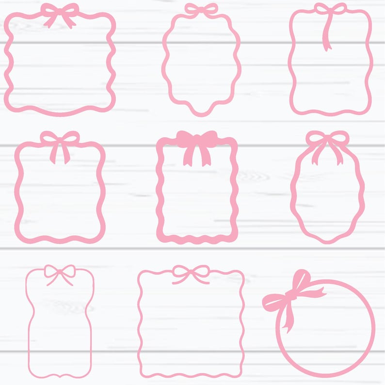 May include: Nine pink frames with bow details. The frames are in various shapes, such as rectangular, oval, and circular. The edges have a wavy or scalloped design, and each frame is topped with a bow.