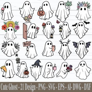 May include: A collection of 21 cute ghost designs in various poses, holding items like a pumpkin, flowers, and coffee. The ghosts are white with black eyes. Text at the bottom reads "Cute Ghost - 21 Design - PNG - SVG - EPS - AI- DWG - DXF."
