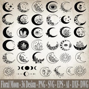 Mystic Moon SVG, Crescent Moon SVG, Flower Moon SVG, Celestial svg, Witchcraft svg, Mystical svg, Magic svg, Moon Clipart, Digital Download