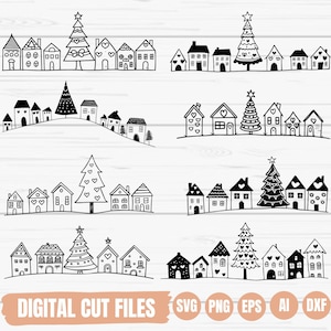Può includere: Illustrazioni in bianco e nero di villaggi natalizi con case e alberi di Natale. L'immagine include il testo "DIGITAL CUT FILES" e icone di tipo di file: SVG, PNG, EPS, AI e DXF.