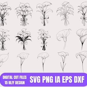Puede incluir: Un conjunto de 15 dibujos en blanco y negro de lirios calla. Los dibujos incluyen flores individuales, ramos y arreglos. El texto "SVG PNG IA EPS DXF" está en la parte inferior de la imagen.