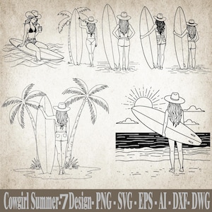 Western Coastal Cowgirl SVG, Cowgirl Surfing SVG, Coastal Trees SVG, Retro Cowgirl svg, Waves Illustration, cowgirl surfing Outline, Digital